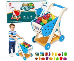 Lean Toys Vaikiškas pirkinių vežimėlis su priedais, mėlynas, 42 × 28 × 48 cm, 26 dalių