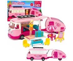Lean Toys Lėlių kemperio kelioninis rinkinys su priekaba, rožinis, 37 x 11 x 9 cm