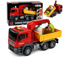 Lean Toys Žaislinis šiukšliavežis su kranu ir šviesos bei garso efektais, raudonas ir geltonas, 30 × 14 × 11 cm