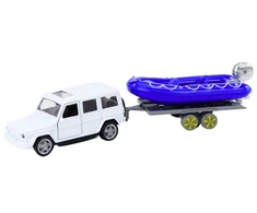 Lean Toys Baltas visureigis su priekaba ir motorine valtimi vaikams
