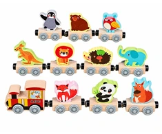 Lean Toys Medinis gyvūnų traukinukas su lokomotyvu ir 10 magnetinių vagonų, įvairiaspalvis