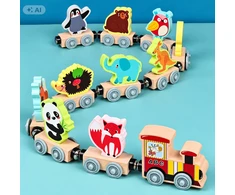 Lean Toys Medinis gyvūnų traukinukas su lokomotyvu ir 10 magnetinių vagonų, įvairiaspalvis