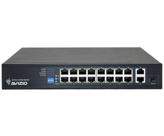 Šakotuvas Nevaldomas komutatorius 18xRJ45 - 16 RJ45 PoE+ 100Mb/s prievadų + 2 RJ45 Uplink 1Gb/s prievadai (galios sąnaudos 150W) AVIZIO
