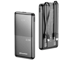 Awei 10000 mAh išorinė baterija p76k 22,5 W, 4 įkrovimo išėjimai, du laidai