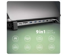 Axagon HMC-10HLS USB šakotuvas 9in1, 5Gbps, 4x USB-A, HDMI 4k/60Hz, Glan, SD/MicroSD, PD 100W, 25cm USB-C kabelis