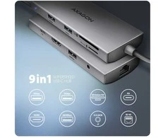 Axagon HMC-8HLSA Wieloportowy šakotuvas USB 9in1, 5Gbps, 3x USB-A + HDMI 4k/30Hz, SD/MicroSD, Glan, Audio, PD 100W, 20cm USB-C kabelis