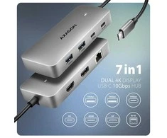 „AXAGON USB-C 10Gbps DUAL 4K DISPLAY 7in1“ šakotuvas | HMC-CUB83X2
