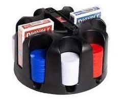 Bicycle besisukantis pokerio žetonų (poker chip rack) stovas su rankena, 200x žetonų, 2 kortų kaladėlės