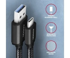 Axagon duomenų ir įkrovimo USB 3.2 Gen 1 kabelis, kurio ilgis 1 m. 3A. Juodas pynė.