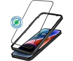 Crong Anti-Bacterial 3D Armor Glass – 9H grūdintas stiklas visam iPhone 14 Pro + montavimo rėmelio ekranui