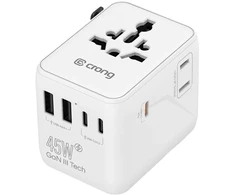 Maitinimo šaltinis Crong Crong One World Travel Adapteris – Uniwersalny adapter kelioninis GaN 45W UK/EU/US/AU (balta)