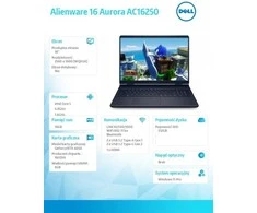 Dell Nešiojamas kompiuteris alienware 16 aurora ac16250 win11pro c5 210h/16gb/512gb ssd/16.0 wqxga/geforce rtx 4050/wlan + bt/backlit kb/3 cell/3y alienware care