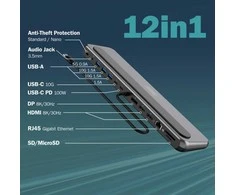 „Digitus USB-C 8K“ prijungimo stotelė, 12 prievadų | DA-70919 | Ethernet LAN (RJ-45) jungtys: 1 | HDMI jungčių kiekis: 2