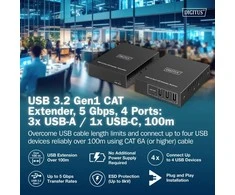 „Assmann Electronic DIGITUS USB“ ilgintuvas, USB 3.2 Gen1, 100 m, 3x USB-A ir 1x USB-C, skirtas naudoti su CAT kabeliu