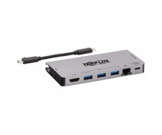 „Eaton Tripp Lite“ USB-C dokas – 4K HDMI, USB 3.2 Gen 1, USB-A šakotuvas, GbE, atminties kortelė, 100 W PD įkrovimas, nuimamas laidas