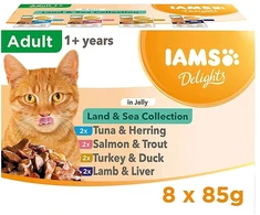 IAMS DELIGHTS „Land &amp; Sea“ kolekcija želė dėžutėje – šlapias kačių ėdalas – 8 x 85 g