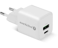 Įkroviklis - everActive 20 W 1xUSB 1xUSB-C QC3.0 PD GaN Kompaktiškas Baltas