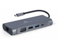 Gembird USB Type-C 7 viename kelių adapteris (Hub3.0 + HDMI + VGA + PD + kortelių skaitytuvas + stereo garsas), pilka