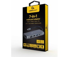 Gembird USB Type-C 7 viename kelių adapteris (Hub3.0 + HDMI + VGA + PD + kortelių skaitytuvas + stereo garsas), pilka