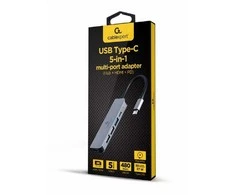 „Gembird“ daugiafunkcis adapteris USB-C 5in1 (šakotuvas + HDMI + PD), sidabrinis