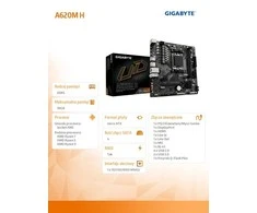 Pagrindinė plokštė Gigabyte Gigabaitas | A620M H 1,0 M/B | Procesorių šeima AMD | Procesoriaus lizdas AM5 | DDR5 DIMM | Atminties lizdai 2 | Palaikomos standžiojo disko sąsajos SATA, M.2 | SATA jungčių skaičius 4 | Lustų rinkinys AMD A620 | Mikro ATX