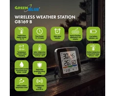 „GreenBlue“ belaidė meteorologinė stotelė, temperatūros + drėgmės įėjimas/išėjimas, laikrodis + žadintuvas + data, °C / °F, iki 60 m, juoda, GB169 B