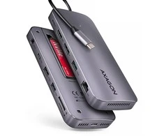 AXAGON kelių prievadų USB-C 10Gbps šakotuvas. NVMe/SATA M.2, HDMI ir DisplayPort. USB-C laidas 50 cm.