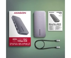 AXAGON kelių prievadų USB-C 10Gbps šakotuvas. NVMe/SATA M.2, HDMI ir DisplayPort. USB-C laidas 50 cm.
