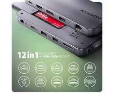 AXAGON kelių prievadų USB-C 10Gbps šakotuvas. NVMe/SATA M.2, HDMI ir DisplayPort. USB-C laidas 50 cm.