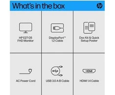 Hewlett Packard (HP) HP E27 G5 FHD monitorius – 27 colių 1920x1080 FHD 300 nitų 75 Hz AG, IPS, HDMI/DisplayPort, 4x USB-A, reguliuojamas aukštis / pakreipimas / pasukamas / pasukamas, 3 metai