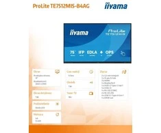 „IIYAMA TE7512MIS-B4AG“ 75 colių „iiWare13E“ monitorius su „Android 14“ EDLA/ne EDLA, 8/128 GB atmintimi, 40 taškų „PureTouch“ IR ryšiu ir be tarpo.