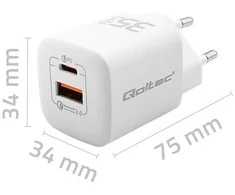 Qoltec kroviklis jungiama į tinklą 35w gan ultra | 5-20v | 2.25-3a | 1 x usb typ c pd | 1 x usb | balta