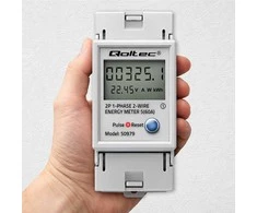 „Qoltec“ vienfazis elektroninis energijos suvartojimo skaitiklis, montuojamas ant DIN bėgelio | ATSTATYMAS | periodinis ir nuolatinis skaitiklis | 230 V | 60 A | LCD | LED | 2P
