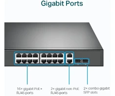 18 prievadų gigabitinis POE komutatorius – su 16 prievadų POE+