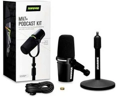 Shure mv7+-k-bndl – balso perdavimo/balso mikrofonas su xlr/usb-c jungtimi, juodas + gator stalo stovas