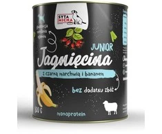 Syta micha mokra maistas šuniukams ėriena su czarną marchwią i bananem 800g
