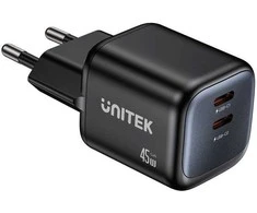 Unitek 2x GAN 45W mains charger, 2x USB-C PD, QC