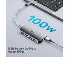 „Unitek“ aktyvus šakotuvas USB-C 2x HDMI, SD skaitytuvas, 4k, RJ-45, PD 100W, 5 Gbps
