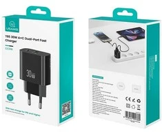 Usams Įkroviklis jungiama į tinklą 30w 1xusb-c 1xusb-a fast czarging juoda