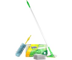 SWIFFER rinkinys: grindų šepetys + 8 šluostės + dulkių šluotelė