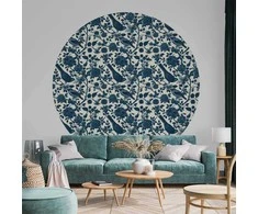 Artgeist Apvalus fototapetas - Birds and roses - monochrome mėlynas pattern with botanical motif