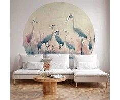 Artgeist Apvalus fototapetas - Birds by the lake - herons painted in watercolours in delicate pilkas and pink colours