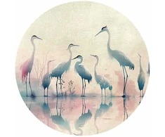 Artgeist Apvalus fototapetas - Birds by the lake - herons painted in watercolours in delicate pilkas and pink colours