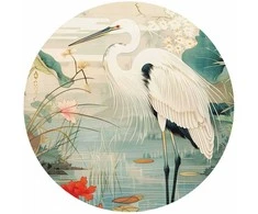 Artgeist Apvalus fototapetas - By an Asian pond - an illustration in the style of a Japanese engraving, depicting a heron
