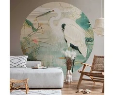 Artgeist Apvalus fototapetas - By an Asian pond - an illustration in the style of a Japanese engraving, depicting a heron