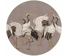 Artgeist Apvalus fototapetas - Cranes dancing - bright silhouettes of birds on a warm pilkas background with texture