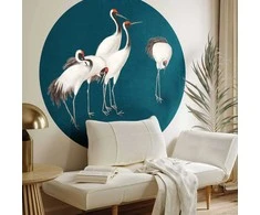 Artgeist Apvalus fototapetas - Evening by the pond - a group of cranes drawn in dry pastel on a dark turquoise background