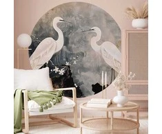 Artgeist Apvalus fototapetas - Herons and cherry blossoms - oriental-style illustration depicting birds