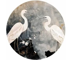Artgeist Apvalus fototapetas - Herons and cherry blossoms - oriental-style illustration depicting birds