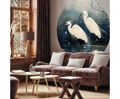 Artgeist Apvalus fototapetas - Herons over a winter pond - Japanese-style illustration in dark colours